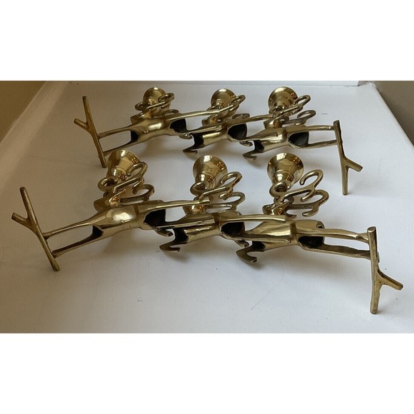 Polished Brass Reindeer 3 Pillar Candleholder Candelabra Vintage- Set Of 2 - Picture 6 of 10